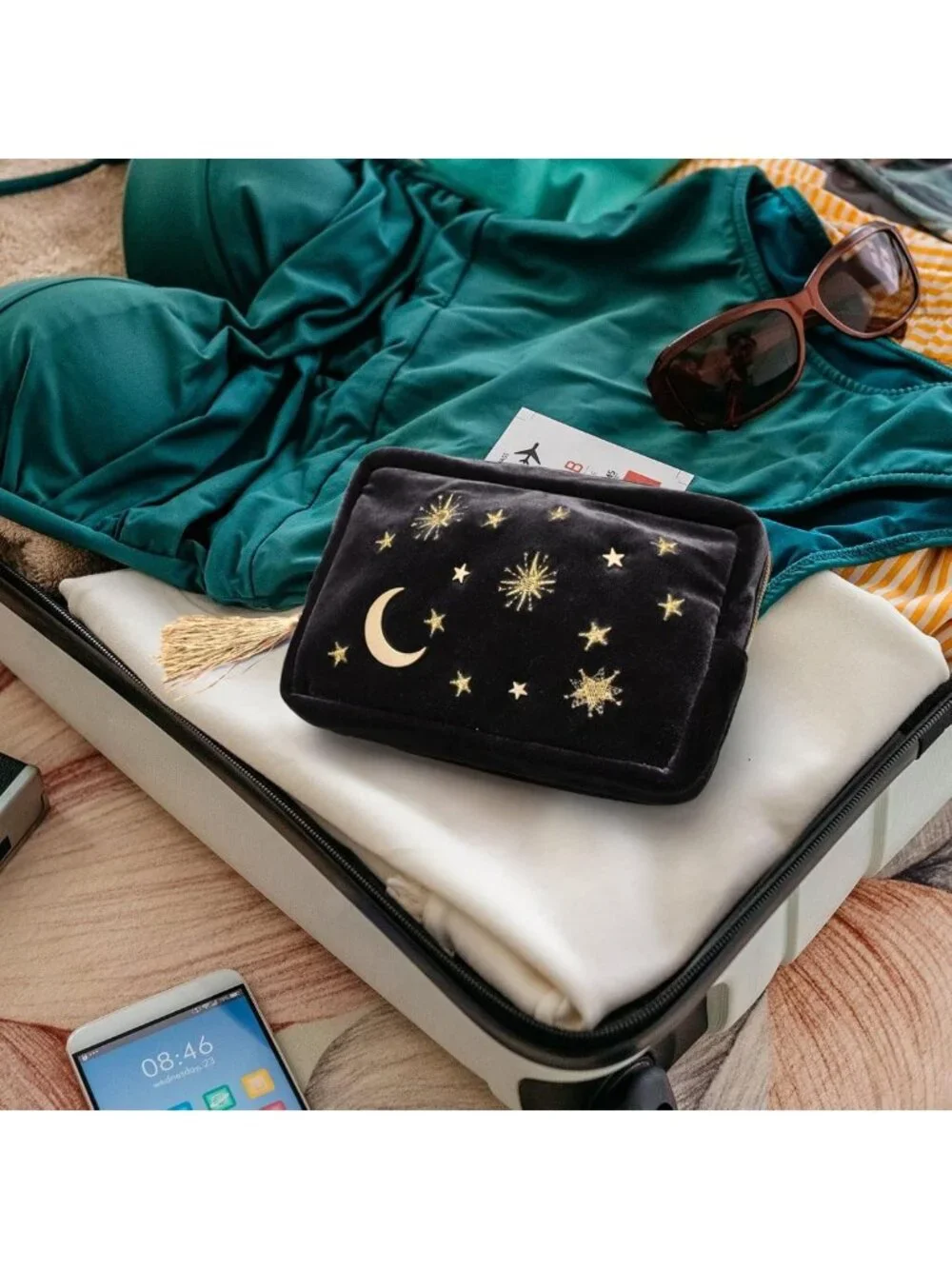 Navy Velvet Starry Makeup Bag with Tassels & Pearl Zipper - Cosmetic Storage